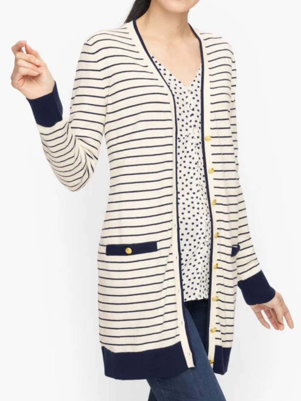 Talbots Cardigan Sweater Women 2X White Navy Stripe Cashmere Blend V Neck Pocket